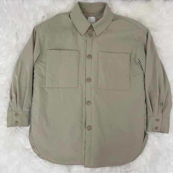 H&M Oversized Shirt Jacket, Padded Shacket, Green/Beige Size Small - Picture 6 of 11